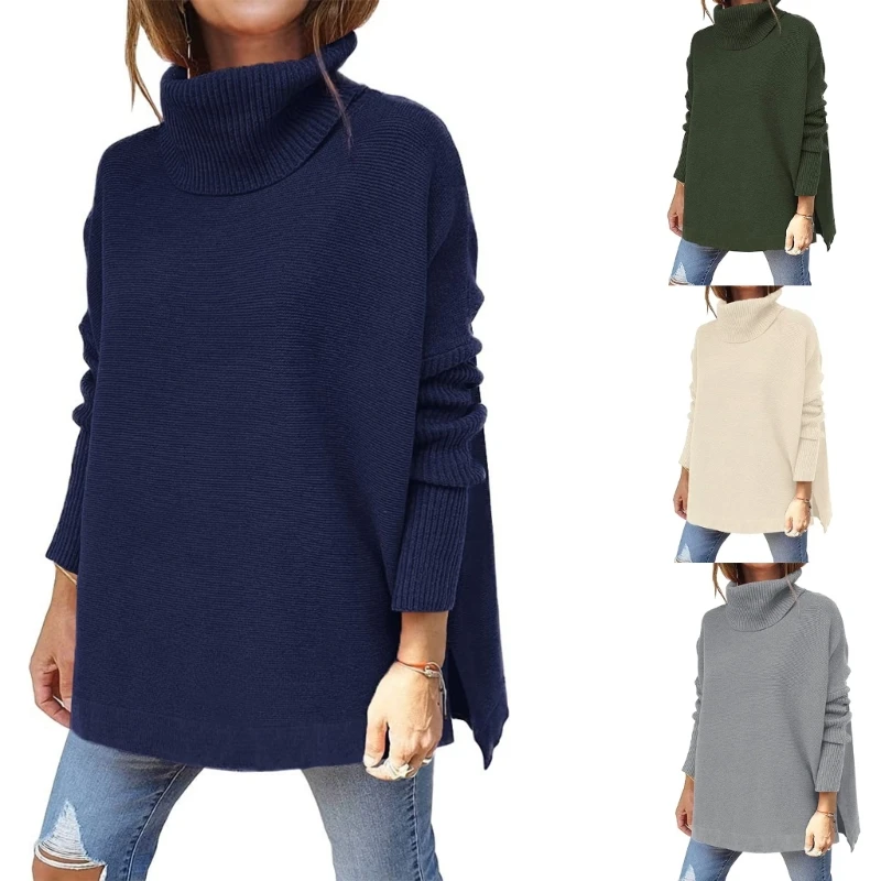 

Однотонная туника с разрезом на подоле, свитер, винтажные свитера оверсайз с высоким воротом для женщин