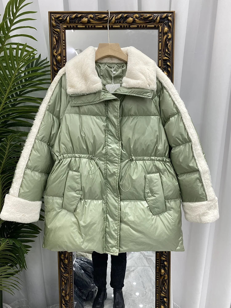 

Fashion Women Winter Puffer Jacket 2022 Lamb Wool Stitching Drawstring 90% White Duck Warm Coat Female Thick Warm Parka