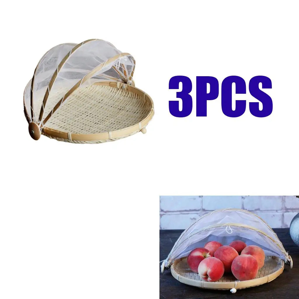 

3x Bamboo & Mesh Cover Food Dome Bamboo Serving Foods Tent Basket L