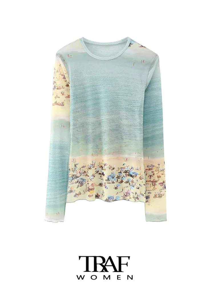 

Блузка женская полупрозрачная из тюля с круглым вырезом и длинным рукавом