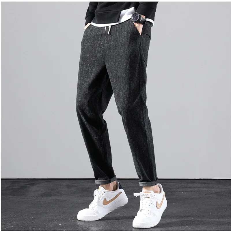Fashion New Style Men's Brushed Jeans Loose and Tight Waist Autumn and Winter Small Straight Cylinder Black Casual Pants Female