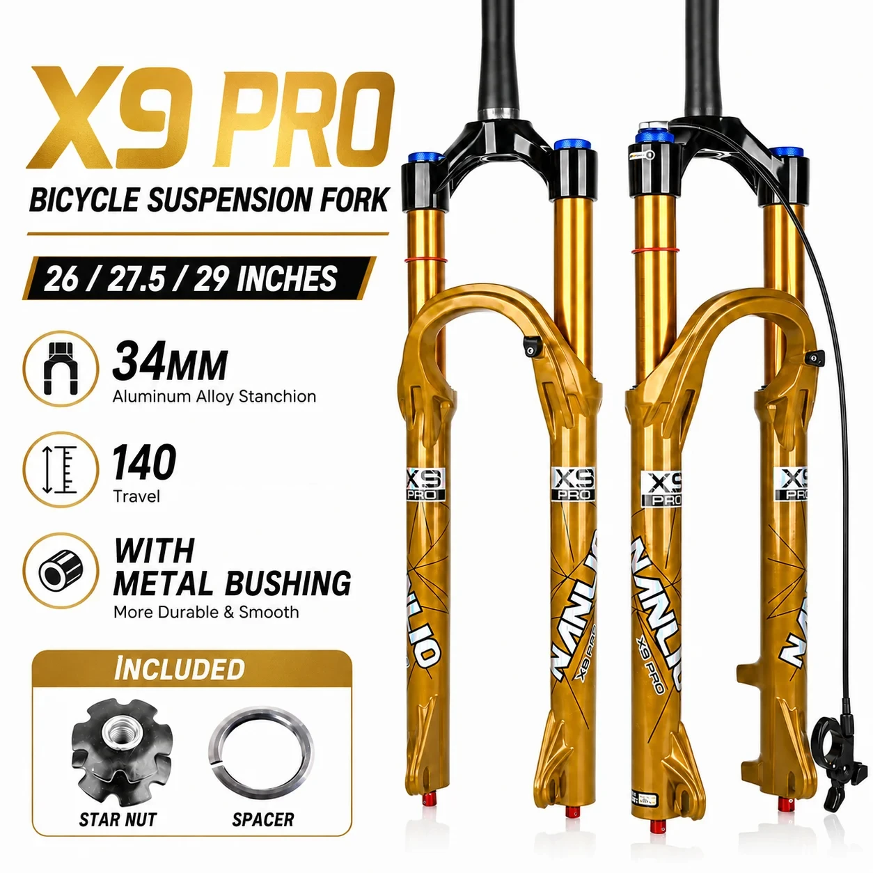 Фото Вилка амортизационная NANLIO X9 PRO MTB с воздушной подвеской, 34 мм шток, ход 140 мм, подходит для колес 26/27.5/29 дюймов, с регулировкой демпфирования №4
