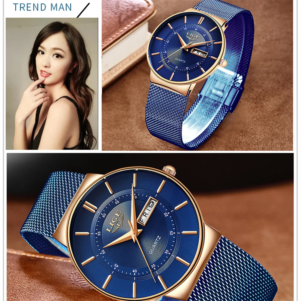 LIGE Women's Watches Luxury Brand Ultra-thin Calendar Week Quartz Watch for Women Ladies Clocks Mesh Waterproof Reloj Mujer enlarge