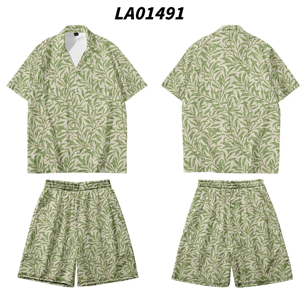 Large Size Couple Print 2PCS Pajamas Sets Thin Turn-Down Collar Shirts&Short Sleep Suit Summer Travel Beach Pants Home Clothes