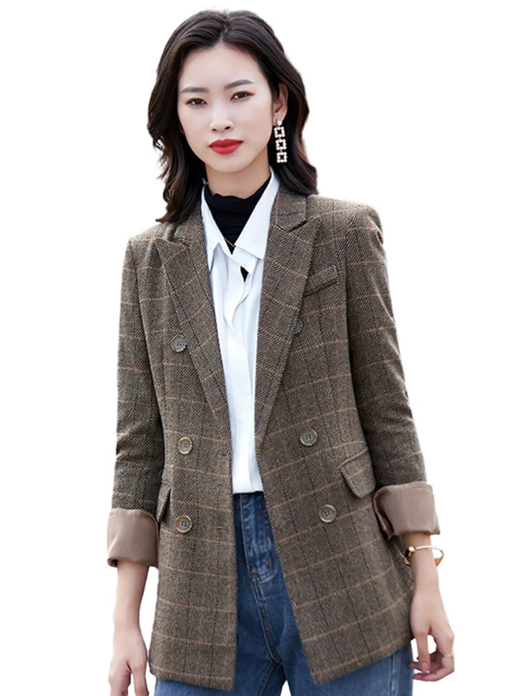Soft and Comfortable High-quality Plaid Jacket with Pocket Office Lady Casual Woolen Blazer Women Wear Coat