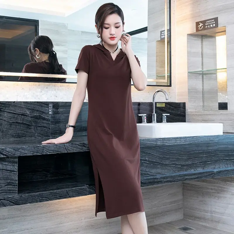 

Летнее однотонное длинное платье, женское платье с капюшоном, повседневное свободное платье с коротким рукавом, женское платье, модное корейское платье Q137