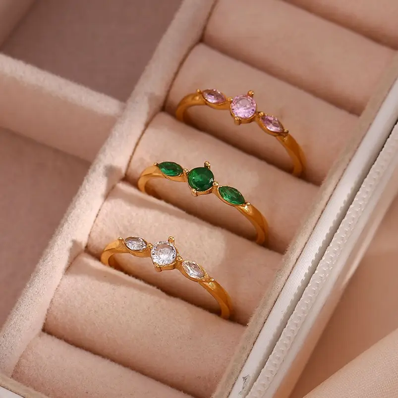 

Stainless Steel Gold Plated Cubic Zirconia Dainty Rings For Woman Green Pink Clear Stone Leaf Adjustable Ring Jewelry
