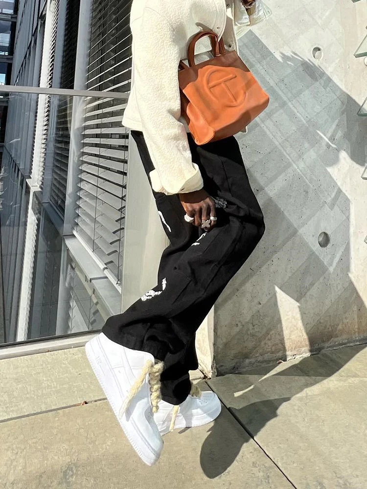 Hot Trendy Black Baggy Jeans For Men Y2K Clothes Fashion Skeleton Printed Trousers Streetwear Loose Straight Patched Denim Pants