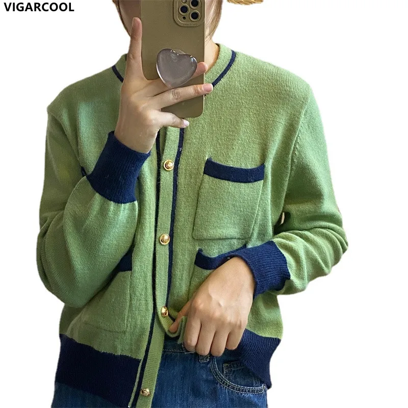 

Женский свитер в стиле ретро, повседневный небольшой кардиган контрастных цветов на пуговицах с золотыми вставками, вязаный кардиган высок...