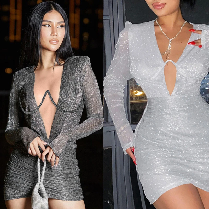 

Long Sleeve Party Dresses Mini Sexy Evening Night Dress Bodycon Glitter Dress V Neck Autumn Summer Dresses for Women 2023