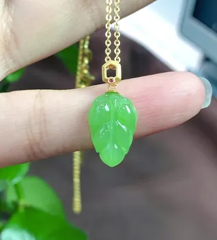 1Pcs/Lot Natural Jasper Jade Leaf Shape 18k Gold Apple Green Pendant Necklace Sweater Chain Women's Jewelry Charm Bijou Femme
