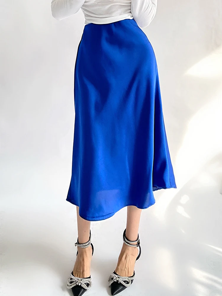 

Summer High Waist Blue Satin Office Lady Skirts Women Side Split Elastic Waist A-line Midi Skirt 2022