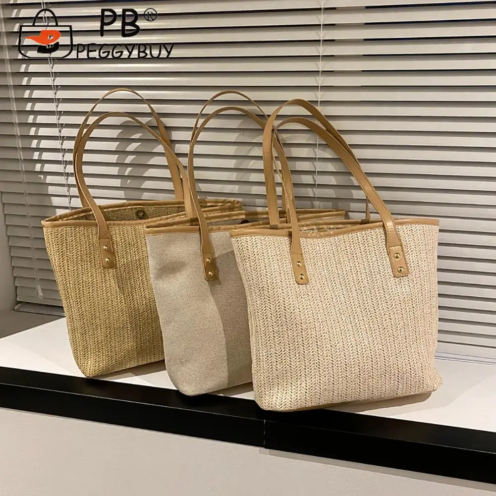 

Summer New Style Fashion Women Straw Woven Shoulder Totes Bag Portable PU Leather Braided Large Capacity Hand-Woven Handbags