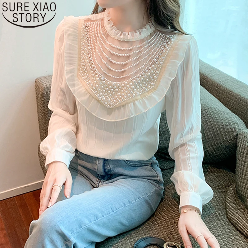

Fashion Tops Edible Tree Fungus 2022 New Elegant Beige Blouse French Style Beading Chiffon Bottoming Shirt Casual Clothes 18654