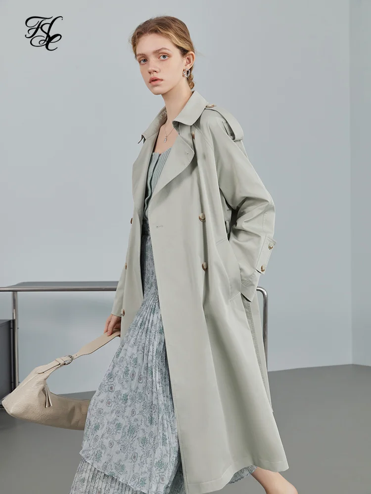 

FANSIALEN Suit Collar Full Regular Sleeve Long Straight Trench Office Lady Solid Spring Double Breasted Mid-length Coats