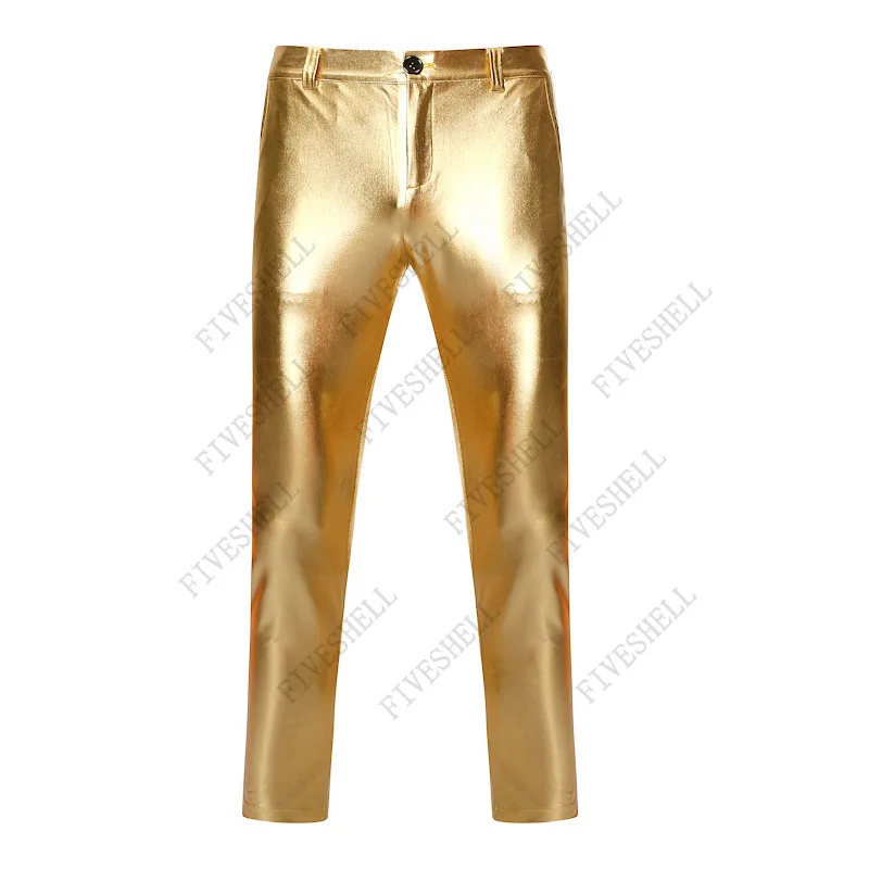 2023 Gold Coated Metallic Motorcycle PU Faux Leather Pants Men Hip Hop Trousers Men DJ Nightclub Stage Pants for Singers