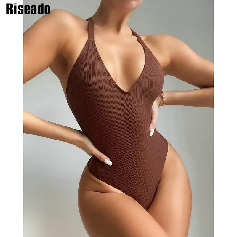 

Riseado Ribbed One Piece Swimsuit 2022 V-neck Sexy Women Swimwear Solid Bodysuit Women Monokini Backless Swimming Suit For Women