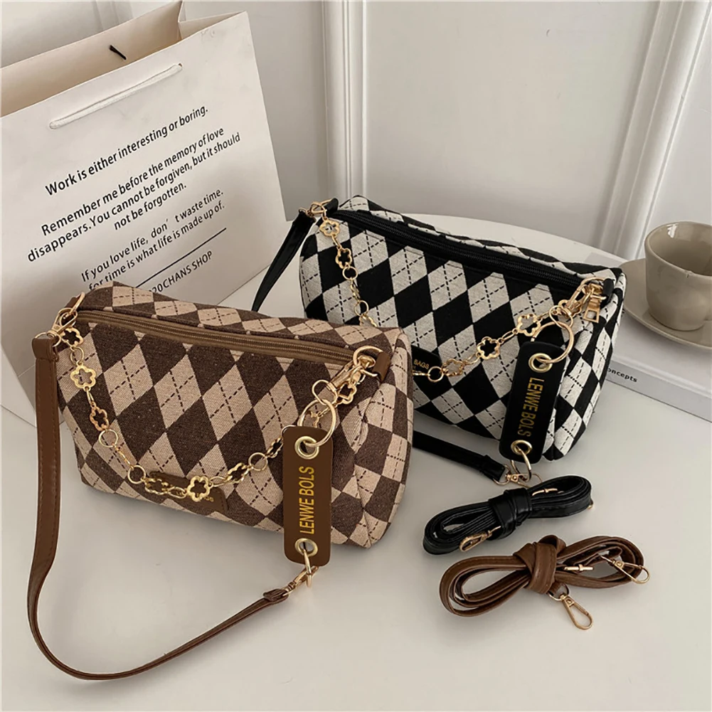 

Women Woven Fabric Diamond Lattice Pattern Armpit Shoulder Bag Fashion Zipper Chain Luxury Brand Designer Handbags