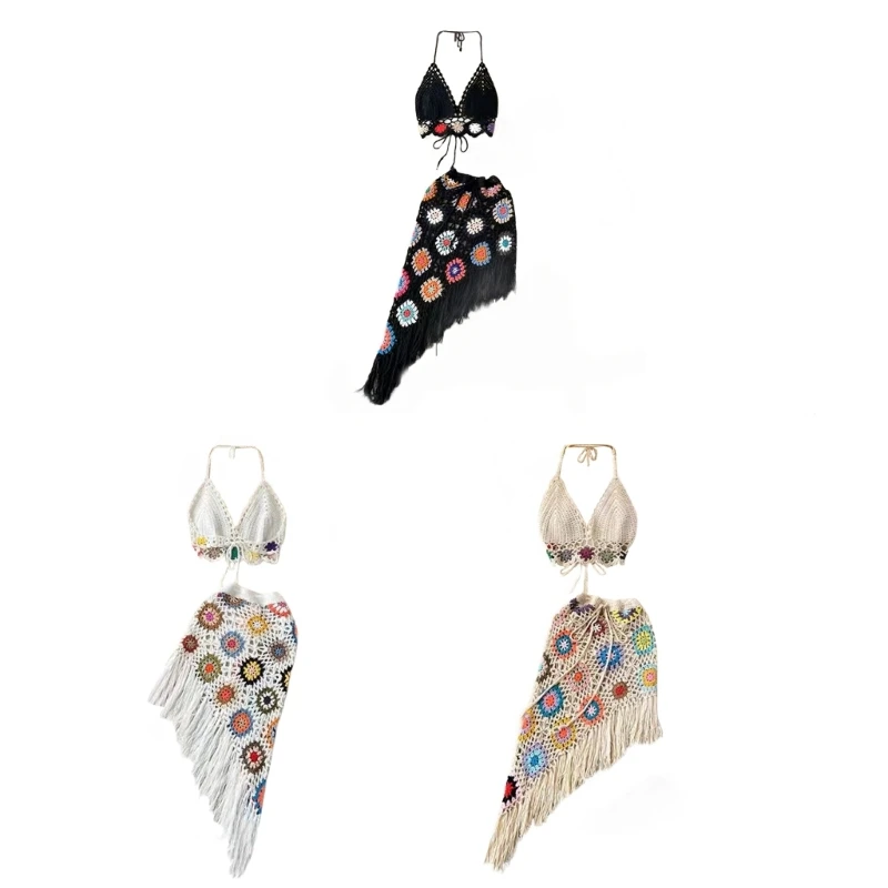 

2023 New 2 Piece Set Women Crochet Asymmetrical Tassels Mini Skirt with Halter Bikinis Bra Summer Beachwear Cover Up Matching