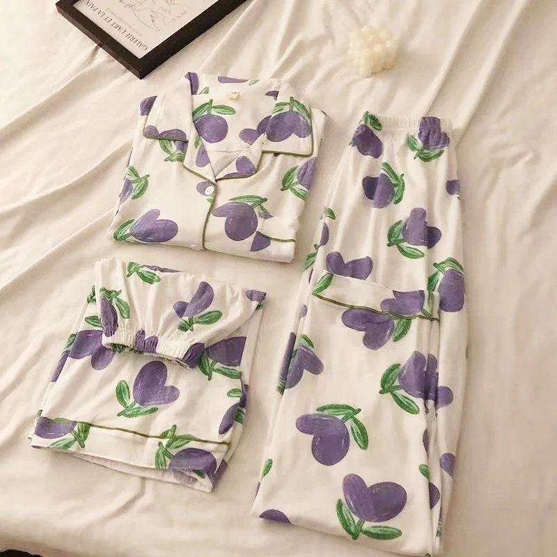 Women's Sweet Pajamas Set Full Sleeve T-shirt Long Pants Shorts 3PCS/Set Princess Cartoon Pyjama Big Size Homewear Cozy PJS