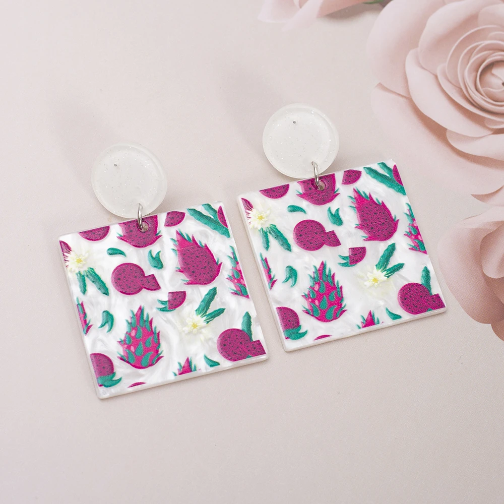 Новые модные квадратные акриловые висячие серьги с рисунком питаи фруктов для
