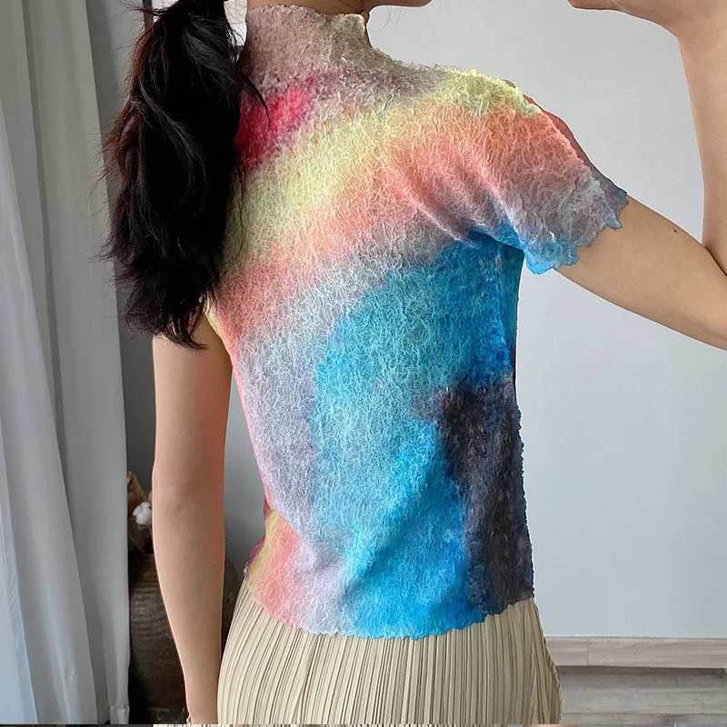 Miyake pleated top women's gradient rainbow print design sense niche fashion temperament high-neck slim short-sleeved T-shirt