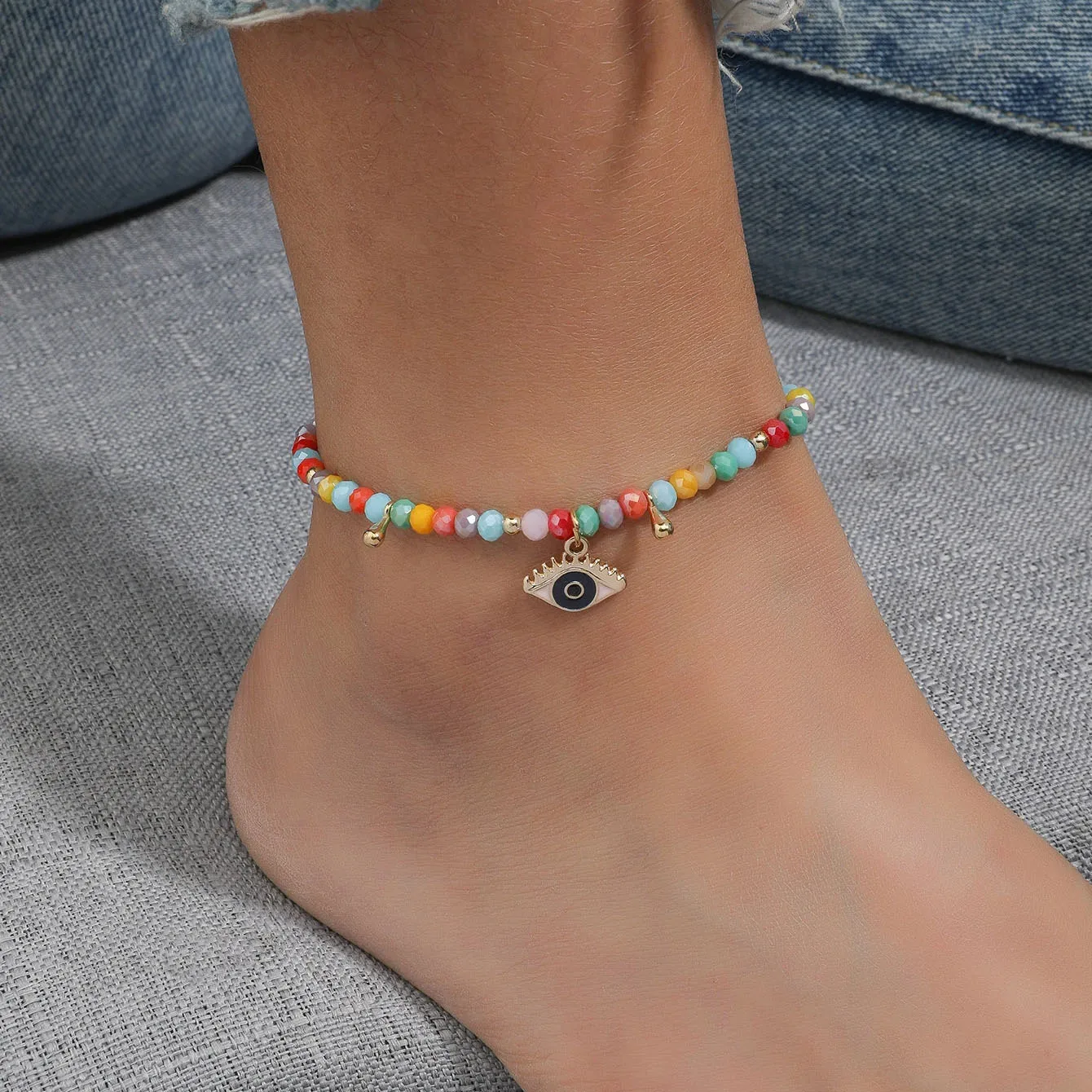 

Simple Crystal Beaded Beach Anklet Eye Pendant Foot Ornaments Female Jewelry