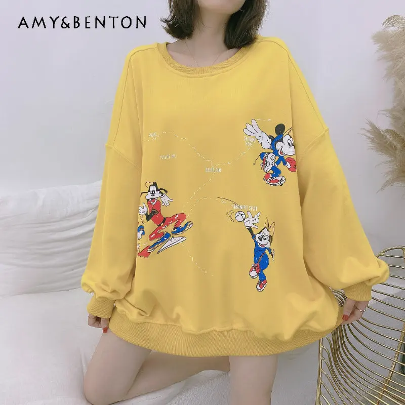 Women's Round Neck Cartoon Printed Loose All-Matching Pullover Sweatshirt Mid-Length Long-Sleeved Pullover Tops Ladies Fashion