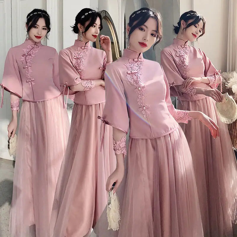 

Pink Bridal Bridesmaid Dresses Mermaid Satin Applique High Neck Dresses Customized for Bridesmaids Chinese Wedding Dress