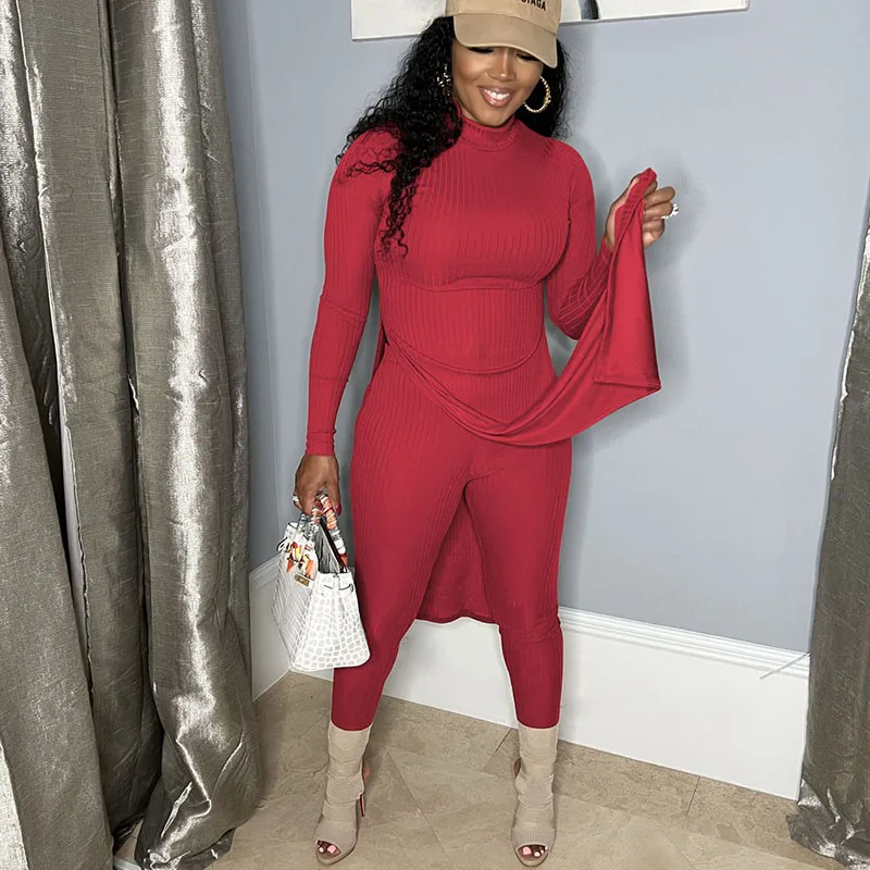 

Solid Knitted Ribbed Sweatsuits for Women Two Piece Outfits Casual Sporty Side Slit Long Top and Pants Matching Sets Loungewear