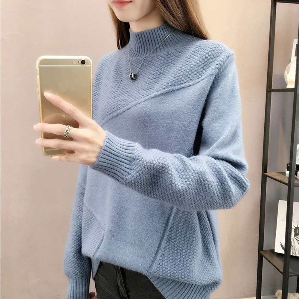 

New Korean Style Women's Raglan Sleeves Knitted Sweater Ladies Loose Half Turtleneck Knit Top Spring Autumn Long Sleeve Shirt