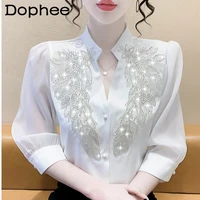 heavy embroidery sequins diamond beaded button shirt women fashion mid length white blouse 2022 spring summer new camisas mujer