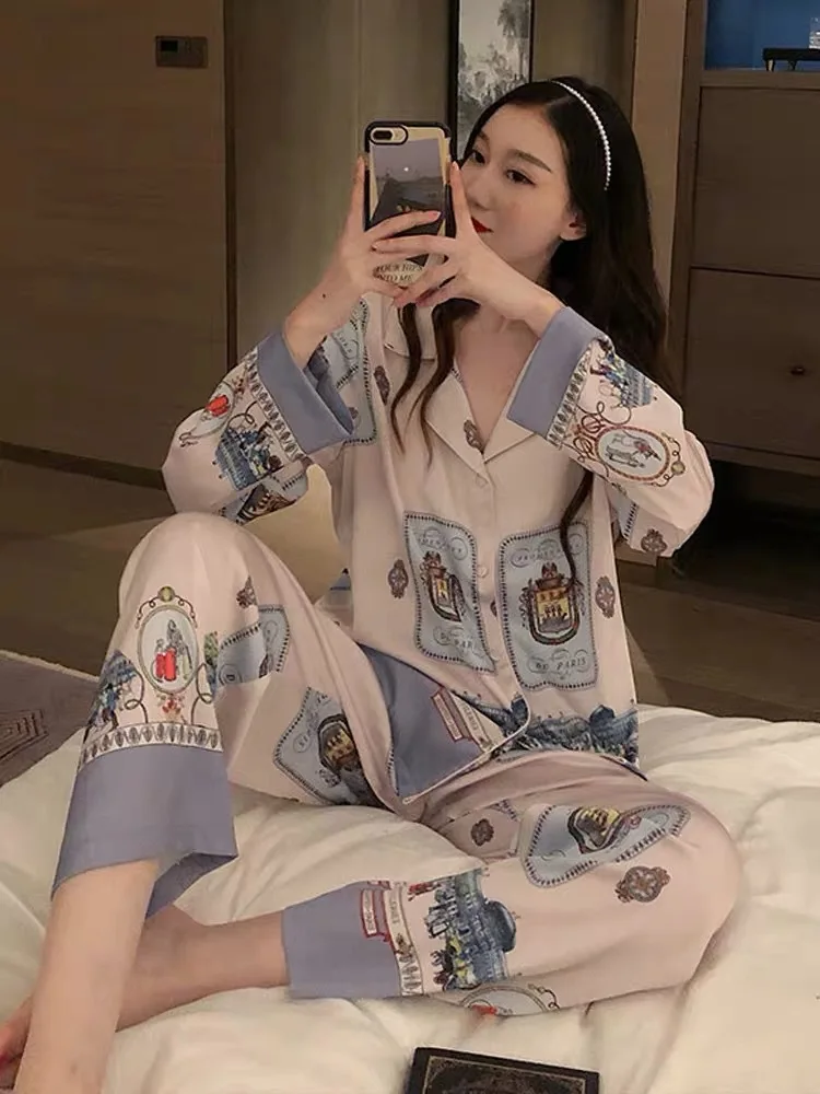 

New style pajamas women ice silk long-sleeved fashion simple home pajama set