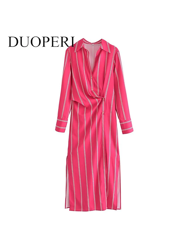 

Платье-миди женское однобортное в полоску, с Боковым Разрезом и длинным рукавом