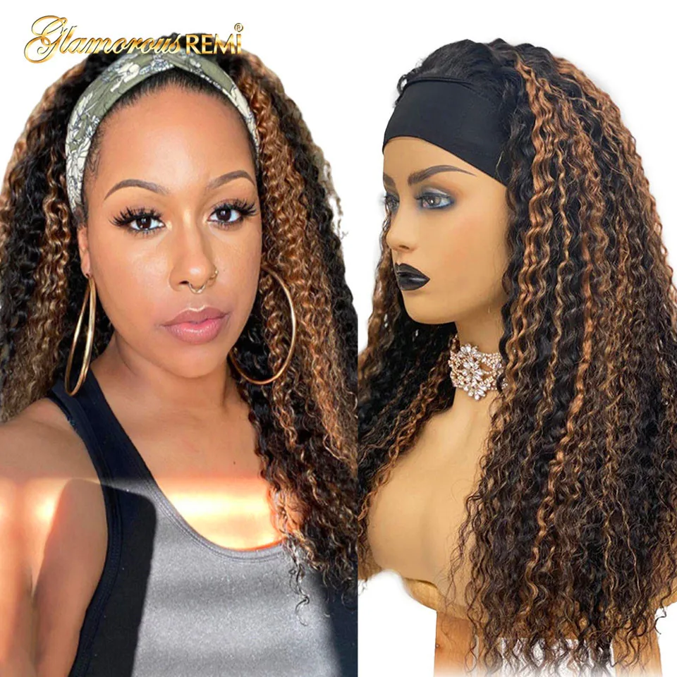 Ombre Honey Blond Highlight Curly Human Hair Wig Brazilian Kinky Curly Full Machine Made Headband Scarf Wig For Women Density180