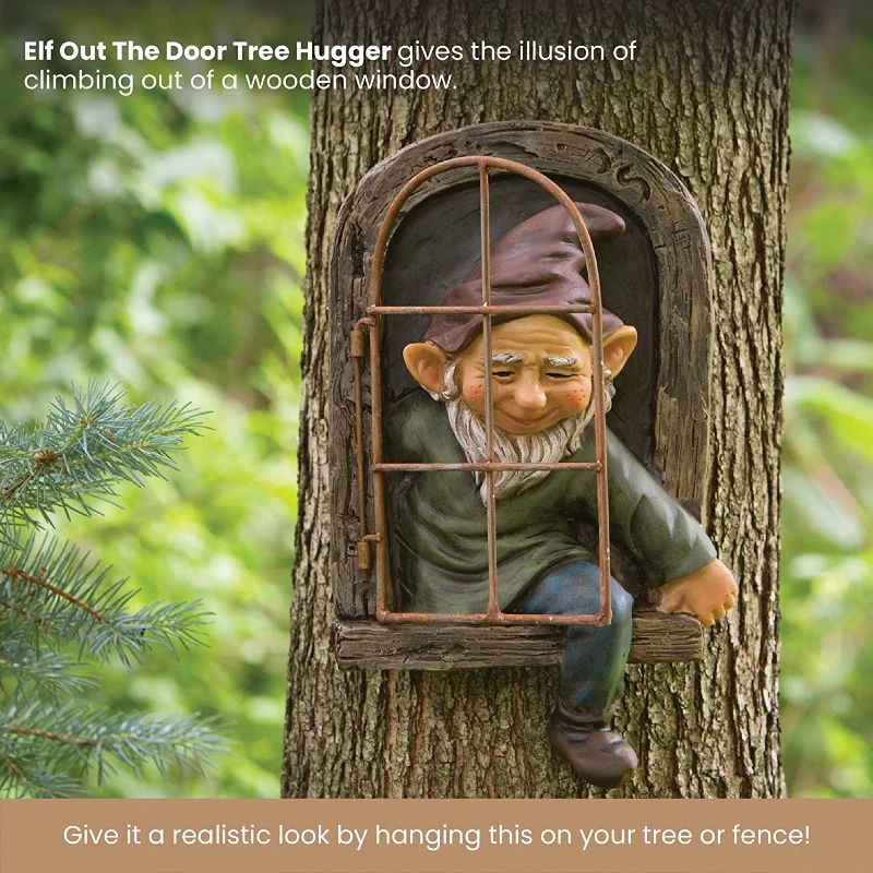 

12-дюймовый Elf Out The Door Tree Hugger - Yard Decoration-Причудливая скульптура дерева-украшение сада-искусство сада Peeker Yard