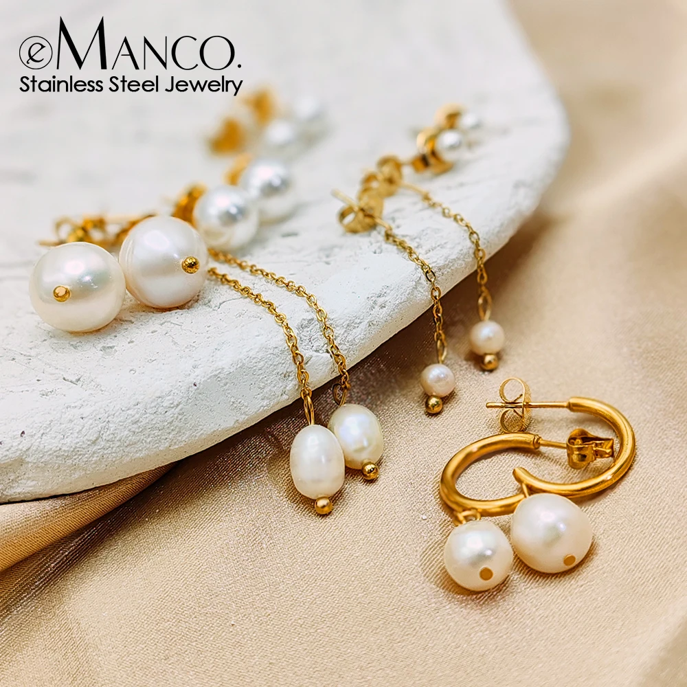eManco Серьги с пресноводным жемчугом из нержавеющей стали женские ювелирные