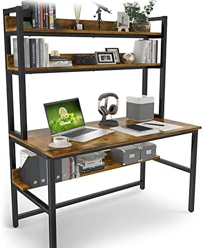 

Desk with Hutch & Bookshelf, Home Office Desk with Space Saving Design, Metal Legs Industrial Table with Upper Storage Shelv