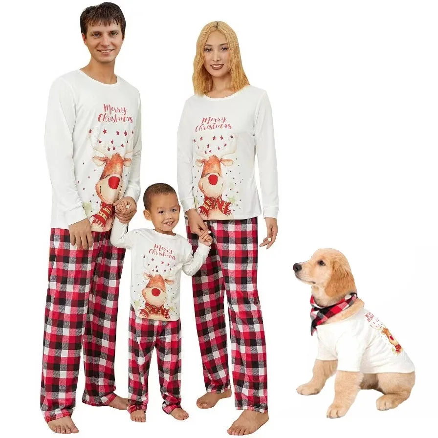 2022 Cute Deer Christmas Family Matching Outfits Father Mother Kids Dog Pajamas Set Xmas Couples Daddy Mommy and Me Pj's Clothes