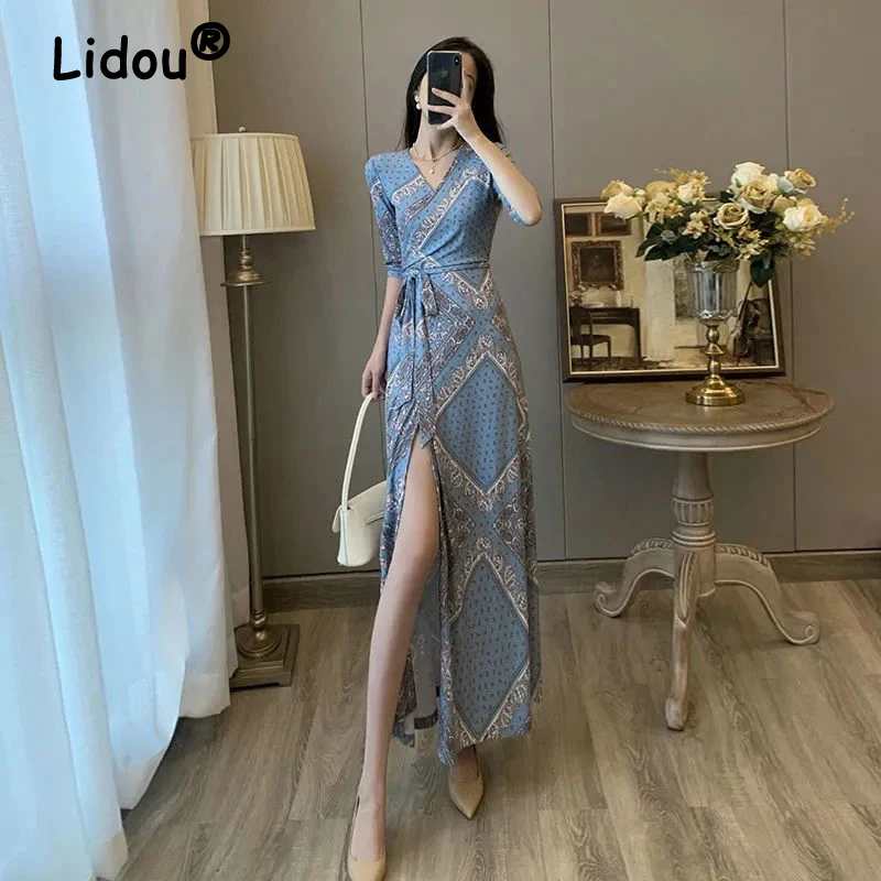 Купи Half Sleeve Korean Women Bohemian Beach Sexy Split Maxi Dress Printed Lace-up Slim Elegant Ladies Casual Holiday Dress Clothing за 1,223 рублей в магазине AliExpress