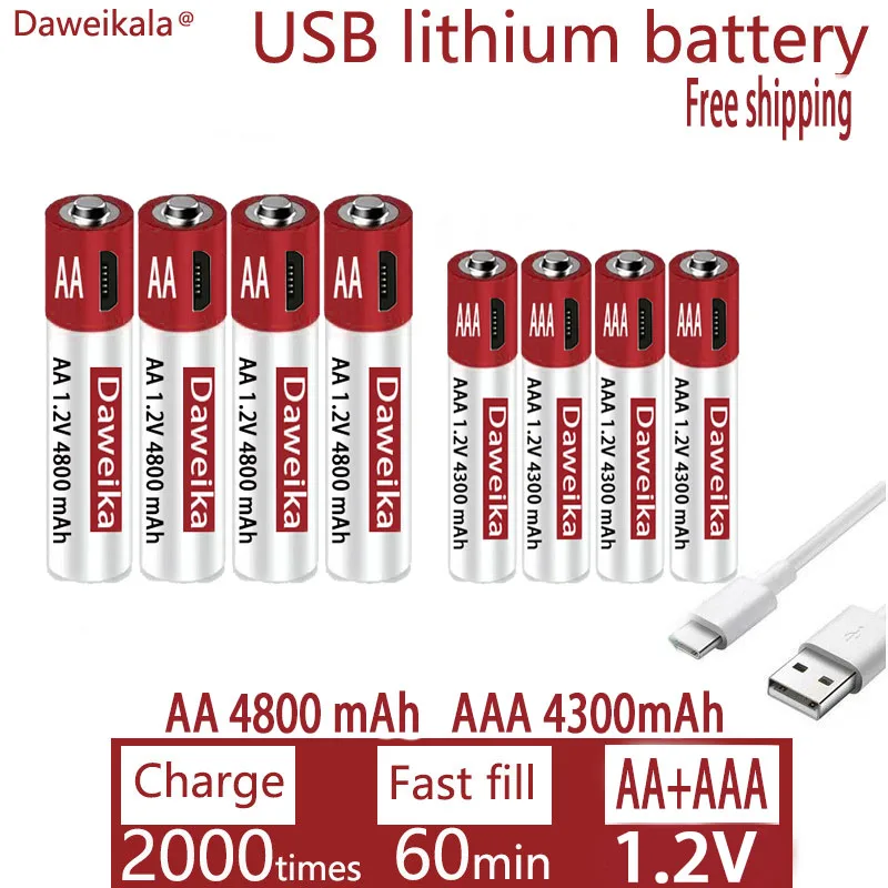 

AA + AAA USB charging 1.2V AA 4800mAh rechargeable lithium battery remote control mouse toy battery + free shipping TOYS FAN