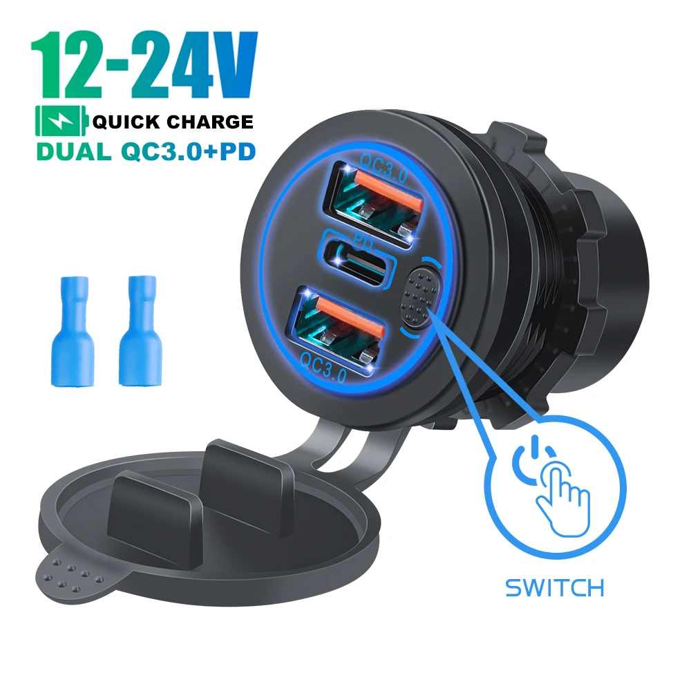 

Car Charger 68W Dual QC 3.0 USB & PD Type-C Triple Cigarette lighter Socket 12-24V with Touch Switch for Car Boat Marine RV