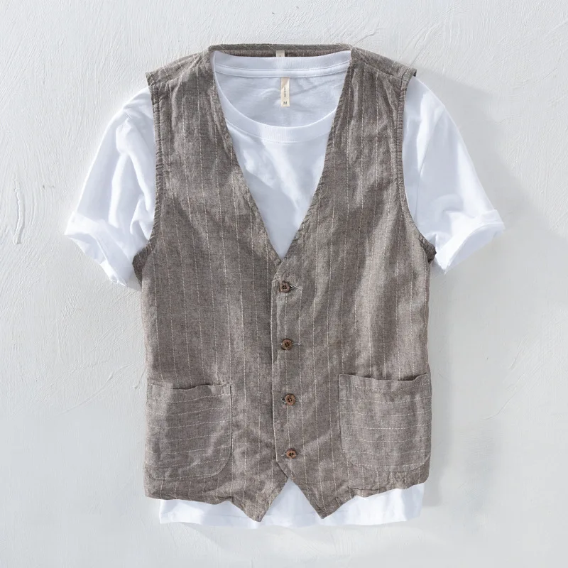 Men Vintage Vest Slim Linen Cotton Blazer Vest Male Casual Thin Striped Suit Waistcoat Clothing Asian Size M-3XL