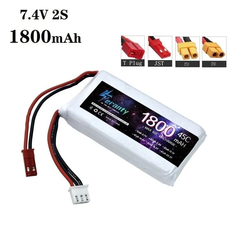 

2S LiPo Battery 7.4v 1800mAh 45C For RC Drones Helicopter Car Boat Spare Parts With Deans T XT60 JST XT30 2S Batteries