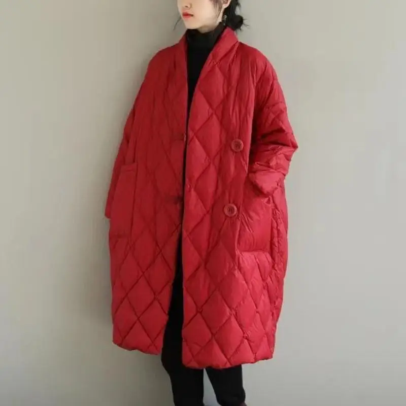 

Новинка 2023, осенне-зимняя свободная однотонная клетчатая куртка средней длины с отложным воротником и линиями, тонкий теплый пуховик из хлопка, пальто высокого качества