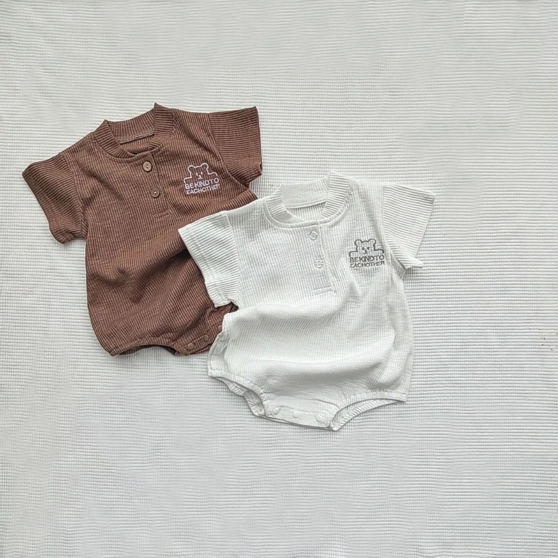 

2023 Summer New Cotton Baby Short Sleeve Bodysuit Cute Bear Print Newborn Toddler Boy Jumpsuit Loose Infant Clothes 0-24M