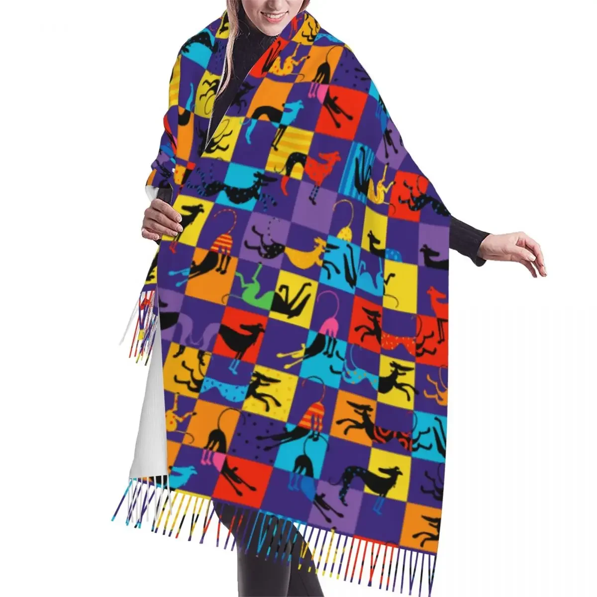 Женская длинная шаль с рисунком в стиле поп-арт осенняя мягкая теплая кисточками