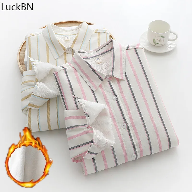 

Новинка Осень-зима 2021 Женская бархатная рубашка в британском стиле полосатая женская теплая рубашка с отложным воротником и длинными рукавами рубашка с хлопковой подкладкой