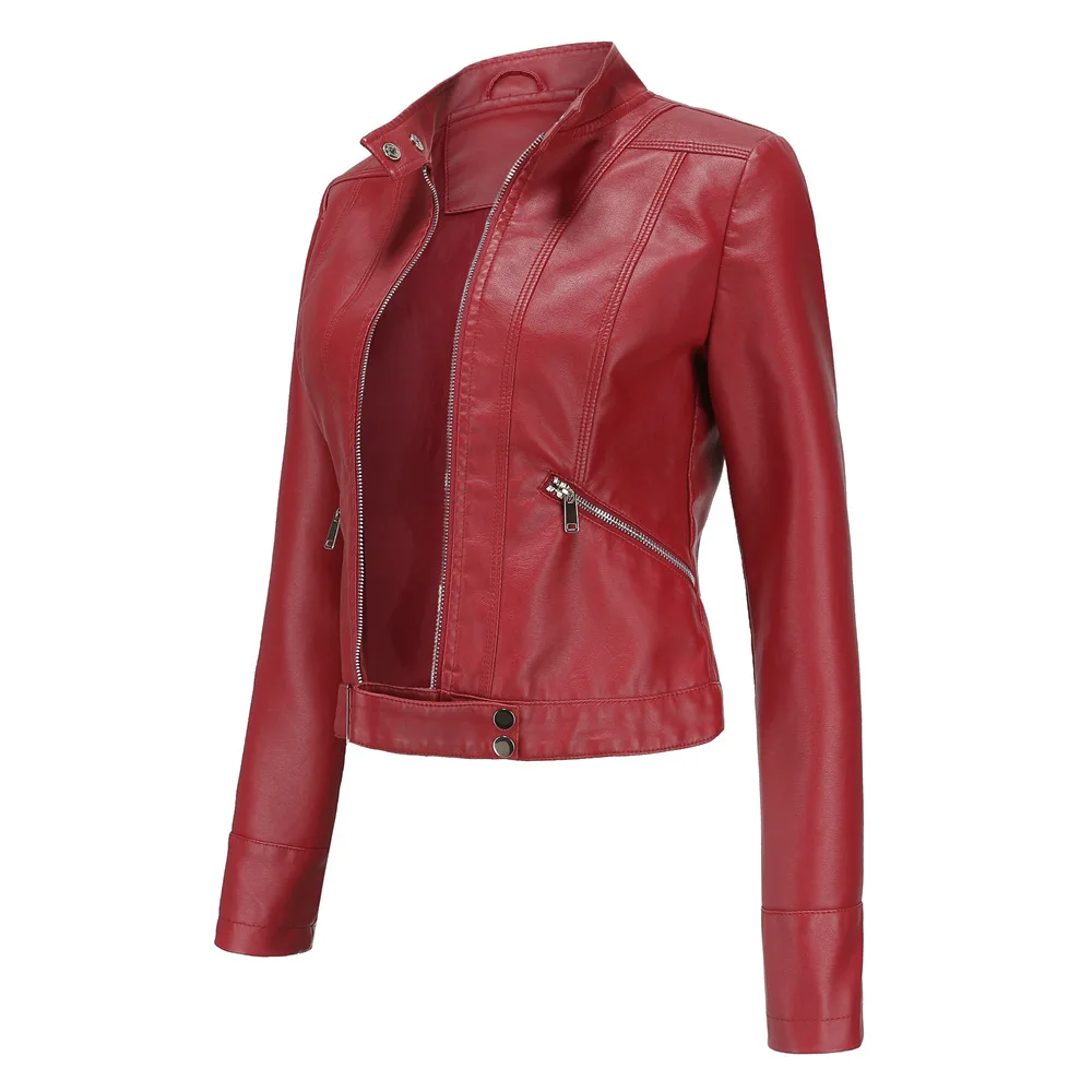 Autumn Women Short Faux PU Jacket Slim Fashion Punk Stand Collar Outwear Slim Motorcycle Biker Leather Jacket Casual Bomber Coat