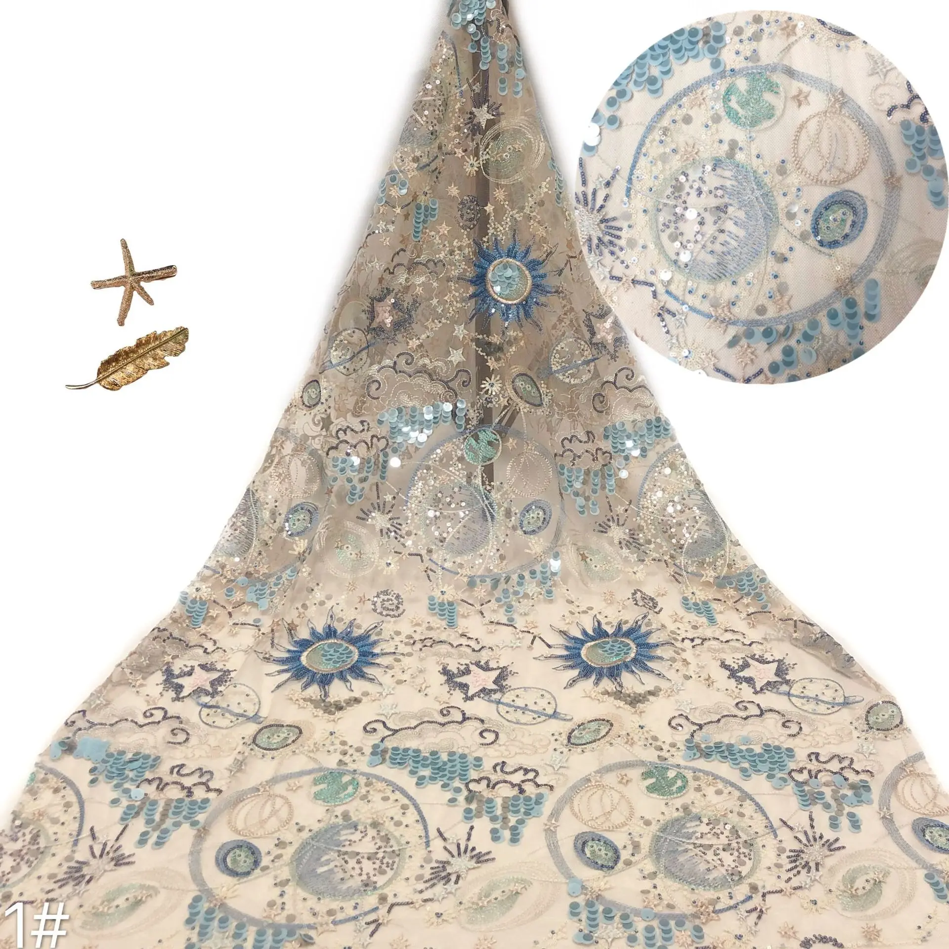 

Apricot Tulle Mesh Embroidered Sequins Lace Fabric for Evening Gowns Dresses NEW 1 yard Designer Fabric